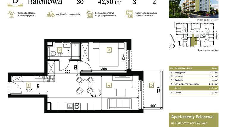 Rzut - Mieszkanie na sprzedaż 2 pokoje o powierzchni 42,9 m² - numer 30 w Apartamenty Balonowa