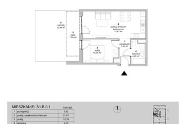 Rzut - Mieszkanie na sprzedaż 2 pokoje o powierzchni 40,38 m² - numer S1.B.0.1 w ATAL Idea Swarzędz II