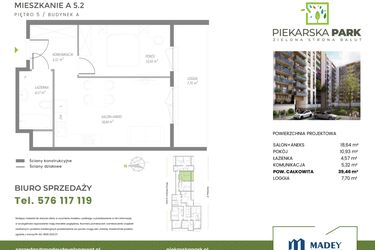 Rzut - Mieszkanie na sprzedaż 2 pokoje o powierzchni 39,46 m² - numer A5.2 w Piekarska Park