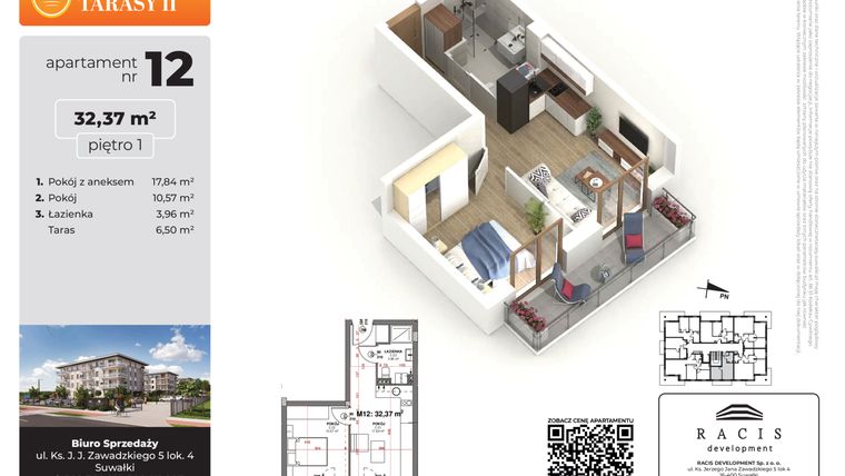 Rzut - Mieszkanie na sprzedaż 2 pokoje o powierzchni 32,37 m² - numer 12 w Słoneczne Tarasy II