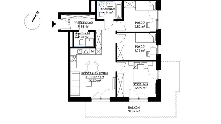 Rzut - Mieszkanie na sprzedaż 4 pokoje o powierzchni 69,49 m² - numer M61 w KWADRAT etap 2