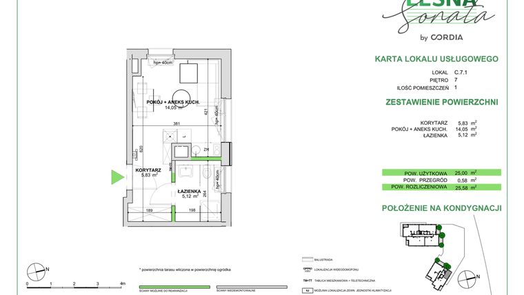 Rzut - Lokal użytkowy na sprzedaż 1 pokój o powierzchni 25,58 m² - numer LU.C.7.1 w Leśna Sonata