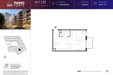 Rzut - Mieszkanie na sprzedaż 1 pokój o powierzchni 44,61 m² - numer D.1.122 w Piano