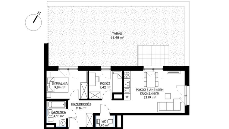 Rzut - Mieszkanie na sprzedaż 3 pokoje o powierzchni 54,3 m² - numer M55 w KWADRAT etap 2
