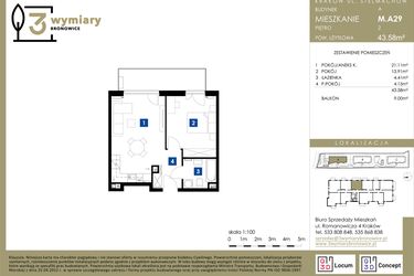 Rzut - Mieszkanie na sprzedaż 2 pokoje o powierzchni 43,58 m² - numer M.A29 w 3 Wymiary Bronowice