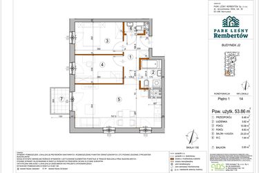 Rzut - Mieszkanie na sprzedaż 3 pokoje o powierzchni 53,86 m² - numer J2-14 w Park Leśny Rembertów etap VIII