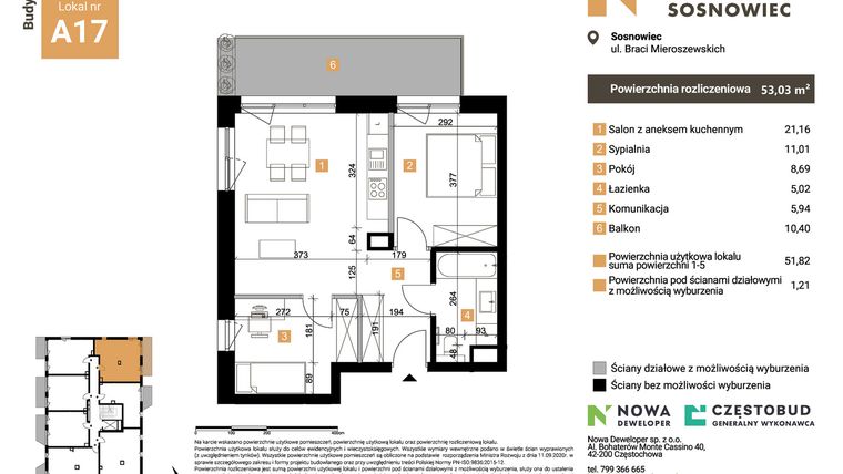 Rzut - Mieszkanie na sprzedaż 3 pokoje o powierzchni 53,03 m² - numer A17 w Nowy Sosnowiec