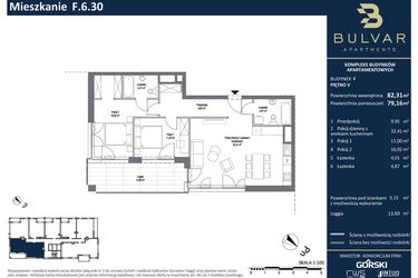 Rzut - Mieszkanie na sprzedaż 3 pokoje o powierzchni 82,13 m² - numer F.6.30 w Bulvar Apartments - etap I