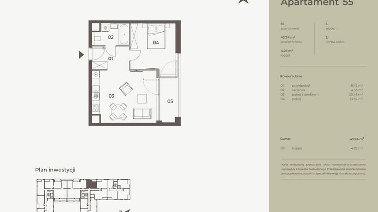 Rzut - Mieszkanie na sprzedaż 2 pokoje o powierzchni 43,74 m² - numer 55 w Monument