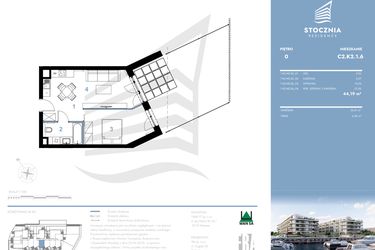 Rzut - Mieszkanie na sprzedaż 2 pokoje o powierzchni 44,19 m² - numer C2.K2.1.6 w Stocznia Residence