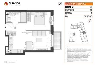 Rzut - Mieszkanie na sprzedaż 1 pokój o powierzchni 38,38 m² - numer B1.63 w Zajezdnia Motława