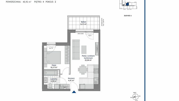 Rzut - Mieszkanie na sprzedaż 2 pokoje o powierzchni 40,92 m² - numer A.4.5 w Linea bud. A