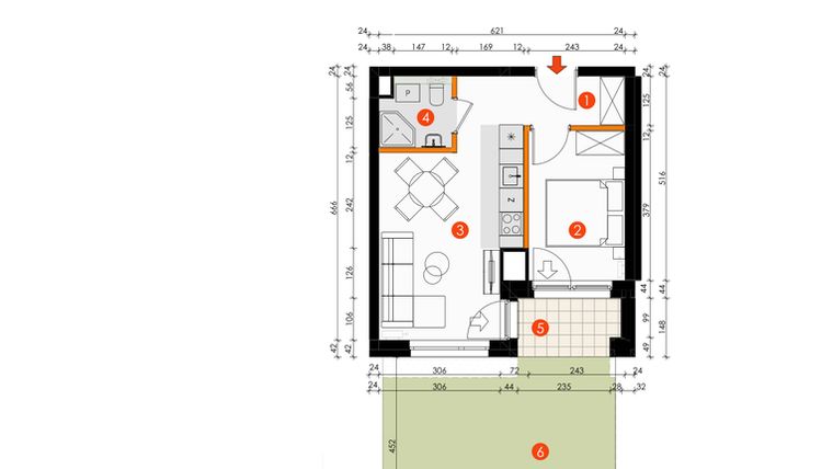Rzut - Mieszkanie na sprzedaż 2 pokoje o powierzchni 33,81 m² - numer A.1.2 w Platanowy Park etap IV