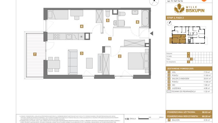 Rzut - Mieszkanie na sprzedaż 3 pokoje o powierzchni 58,93 m² - numer Y/4 w Wille Biskupin Etap 2.2
