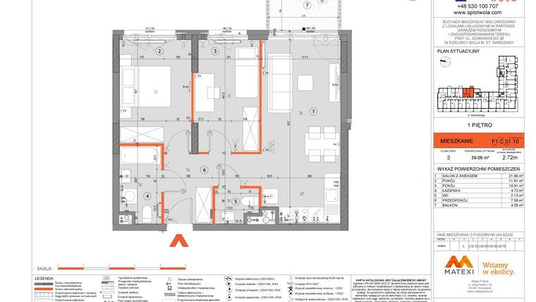 Rzut - Mieszkanie na sprzedaż 3 pokoje o powierzchni 59,06 m² - numer F1.C.01.10 w Splot Wola