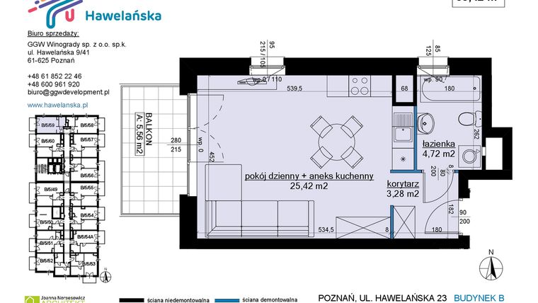 Rzut - Mieszkanie na sprzedaż 1 pokój o powierzchni 33,42 m² - numer B/5/59 w Osiedle Hawelańska etap III - bud. B