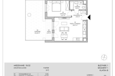 Rzut - Mieszkanie na sprzedaż 2 pokoje o powierzchni 45,76 m² - numer 1B.02 w Skwer Harmonia II