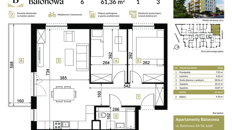 Rzut - Mieszkanie na sprzedaż 3 pokoje o powierzchni 64,25 m² - numer 6 w Apartamenty Balonowa