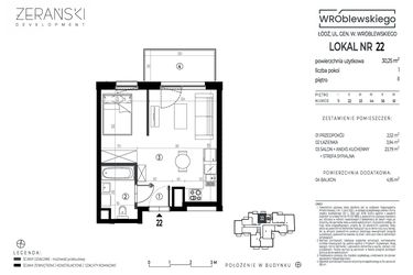 Rzut - Mieszkanie na sprzedaż 1 pokój o powierzchni 30,25 m² - numer A22 w Wróblewskiego