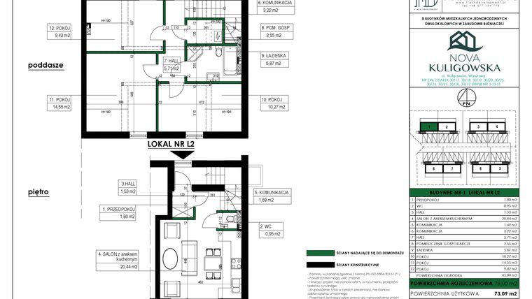 Rzut - Mieszkanie na sprzedaż 4 pokoje o powierzchni 78 m² - numer 1.L2 w Nova Kuligowska