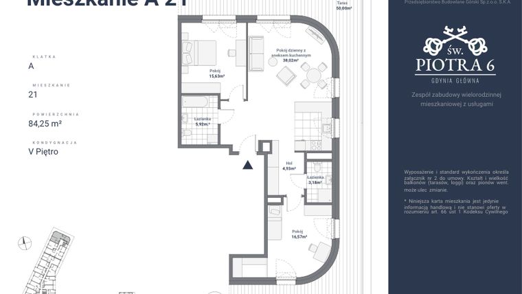 Rzut - Mieszkanie na sprzedaż 3 pokoje o powierzchni 84,25 m² - numer A21 w Św. Piotra