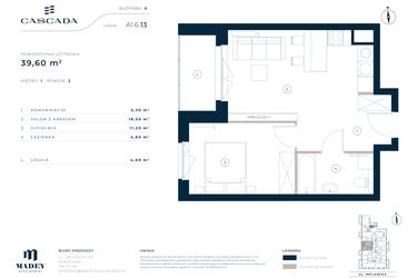 Rzut - Mieszkanie na sprzedaż 2 pokoje o powierzchni 39,6 m² - numer A1.6.13 w Cascada