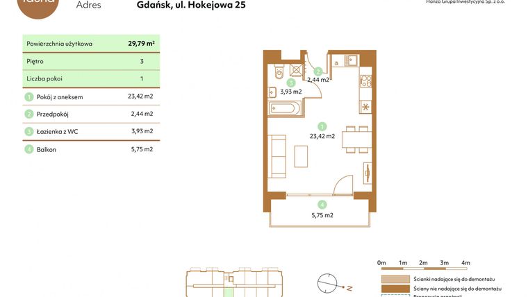 Rzut - Mieszkanie na sprzedaż 1 pokój o powierzchni 29,79 m² - numer D54-3 w Fauna