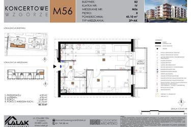 Rzut - Mieszkanie na sprzedaż 2 pokoje o powierzchni 45,1 m² - numer B2.56 w Koncertowe Wzgórze