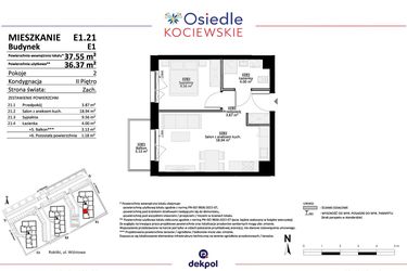 Rzut - Mieszkanie na sprzedaż 2 pokoje o powierzchni 36,37 m² - numer E1.21 w Osiedle Kociewskie bud. E