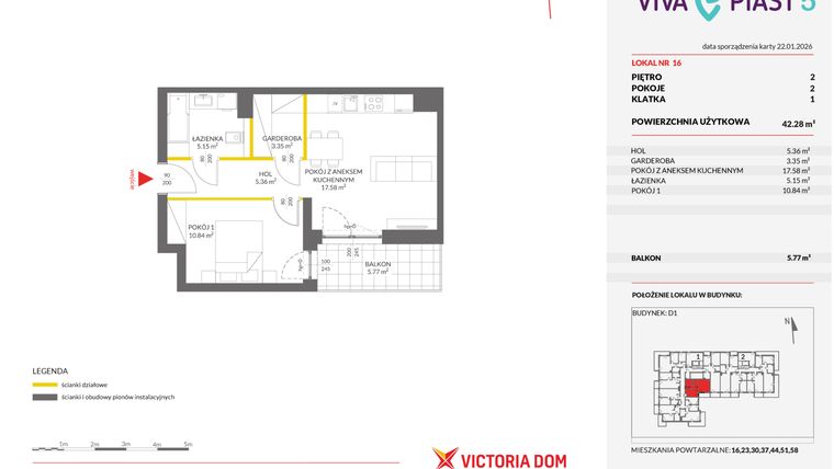 Rzut - Mieszkanie na sprzedaż 2 pokoje o powierzchni 42,19 m² - numer A.16 w Viva Piast 5