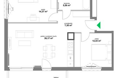 Rzut - Mieszkanie na sprzedaż 3 pokoje o powierzchni 65,91 m² - numer B2-25 w Forma Otwarta etap II