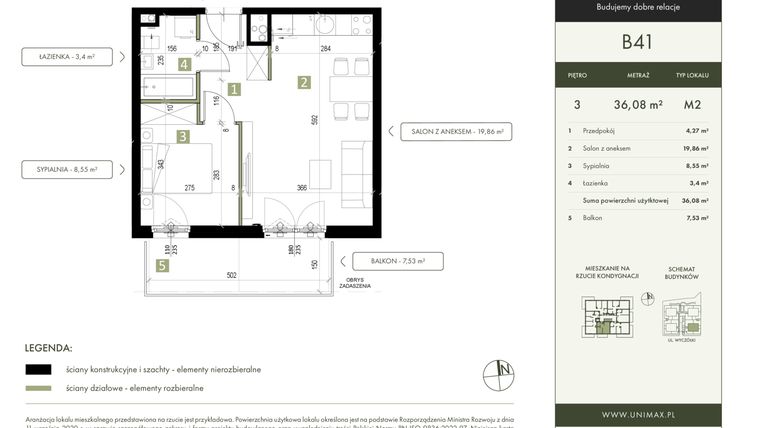 Rzut - Mieszkanie na sprzedaż 2 pokoje o powierzchni 36,08 m² - numer B41 w Quattro Ursynów