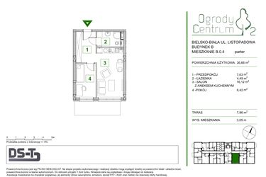 Rzut - Mieszkanie na sprzedaż 2 pokoje o powierzchni 36,66 m² - numer B.0.4 w Ogrody Centrum 2