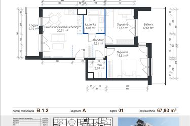 Rzut - Mieszkanie na sprzedaż 3 pokoje o powierzchni 67,93 m² - numer B 1.2 w Nowe Zabłocie