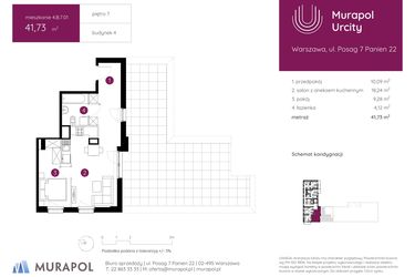 Rzut - Mieszkanie na sprzedaż 2 pokoje o powierzchni 41,73 m² - numer 4.B.7.01 w Murapol Urcity