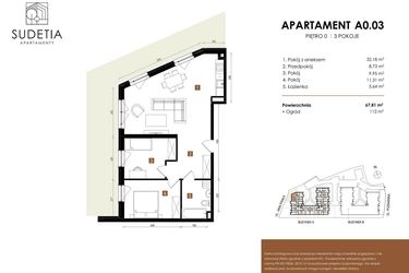 Rzut - Mieszkanie na sprzedaż 3 pokoje o powierzchni 67,81 m² - numer A 0.03 w Apartamenty Sudetia