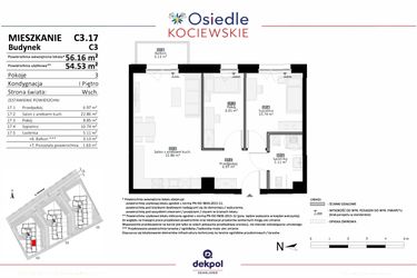 Rzut - Mieszkanie na sprzedaż 3 pokoje o powierzchni 54,53 m² - numer C3.17 w Osiedle Kociewskie etap III