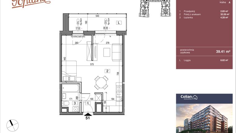 Rzut - Mieszkanie na sprzedaż 1 pokój o powierzchni 39,41 m² - numer G1/51 w Goplana budynek G