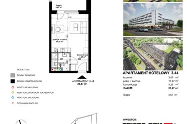 Rzut - Mieszkanie na sprzedaż 1 pokój o powierzchni 25,79 m² - numer 3.44 w Apartamentowiec Zwycięska 3 - inwestycyjne