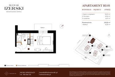 Rzut - Mieszkanie na sprzedaż 1 pokój o powierzchni 22,52 m² - numer B3.01 w Bulwar Izerski