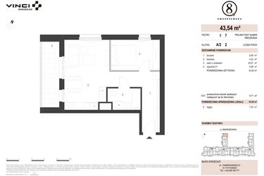 Rzut - Mieszkanie na sprzedaż 2 pokoje o powierzchni 43,54 m² - numer A/2/1.7 w Smardzewska 8