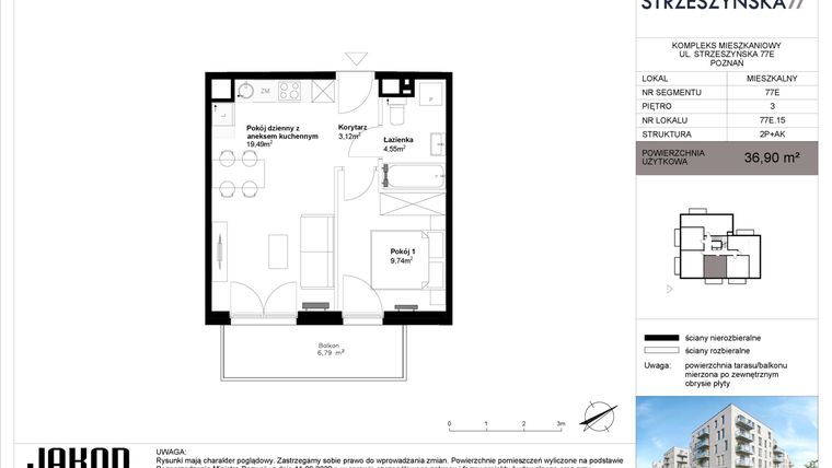 Rzut - Mieszkanie na sprzedaż 2 pokoje o powierzchni 36,9 m² - numer 77E.15 w Strzeszyńska 77