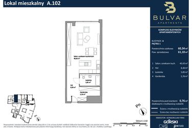 Rzut - Mieszkanie na sprzedaż 1 pokój o powierzchni 60,34 m² - numer A.102 w Bulvar Apartments - etap I