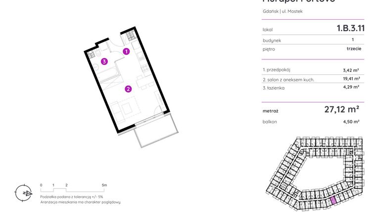 Rzut - Mieszkanie na sprzedaż 1 pokój o powierzchni 27,12 m² - numer 1.B.3.11 w Murapol Portovo etap II