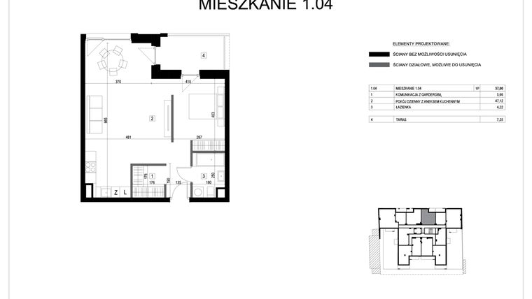 Rzut - Mieszkanie na sprzedaż 1 pokój o powierzchni 57 m² - numer M1.04 w Verde Casa