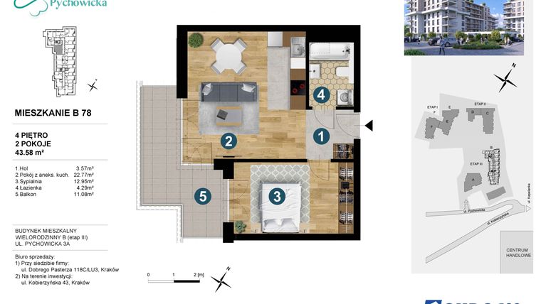 Rzut - Mieszkanie na sprzedaż 2 pokoje o powierzchni 43,58 m² - numer B78 w Kapelanka-Pychowicka Etap III