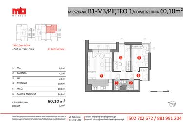 Rzut - Mieszkanie na sprzedaż 3 pokoje o powierzchni 60,1 m² - numer B1-M3 w Tabelowa NOVA