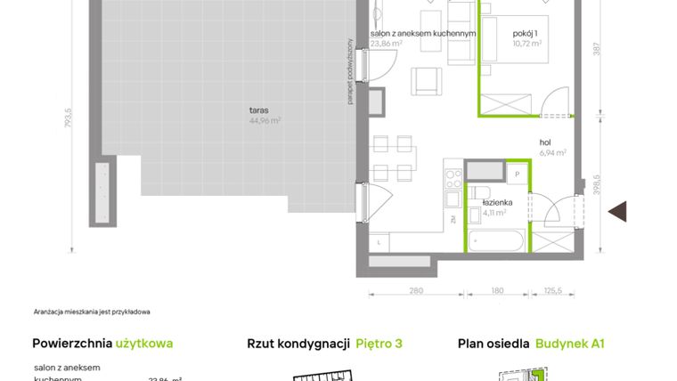 Rzut - Mieszkanie na sprzedaż 2 pokoje o powierzchni 45,63 m² - numer A1.3D108 w Bemowo Vita
