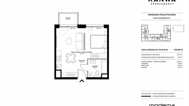 Rzut - Mieszkanie na sprzedaż 2 pokoje o powierzchni 33,61 m² - numer B.05.06 w KANWA