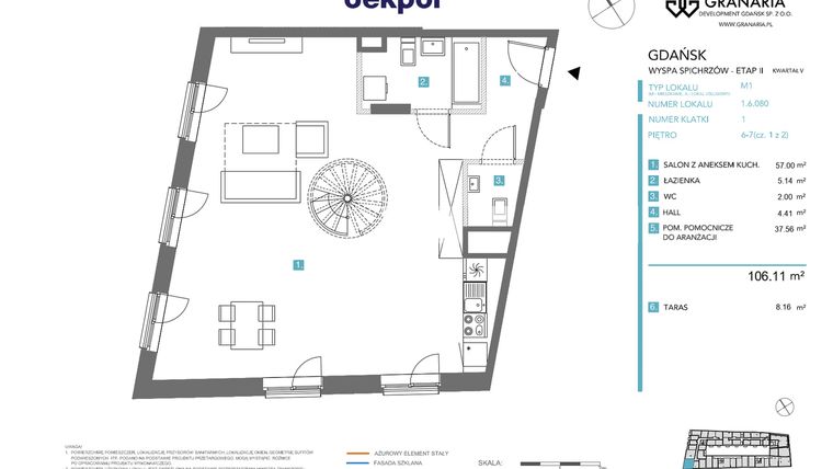 Rzut - Mieszkanie na sprzedaż 1 pokój o powierzchni 106,11 m² - numer 1.6.080.M w Granaria